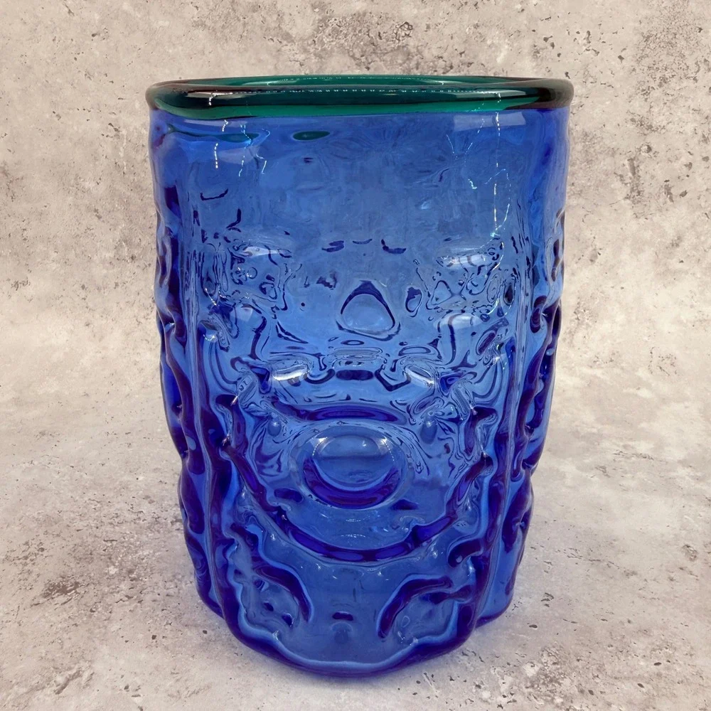 Blenko 9429 Hank Adams Azure Blue Vase Emerald Green Rim Abstract Textured